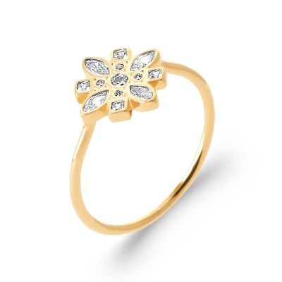 Anel dourado com decoração floral em pedras brilhantes