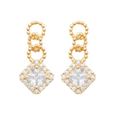 Brincos pendentes em ouro amarelo com pedras brilhantes transparentes