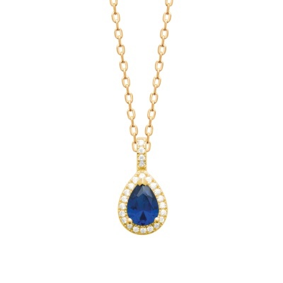Colar dourado com pendente de gota azul e brilhantes