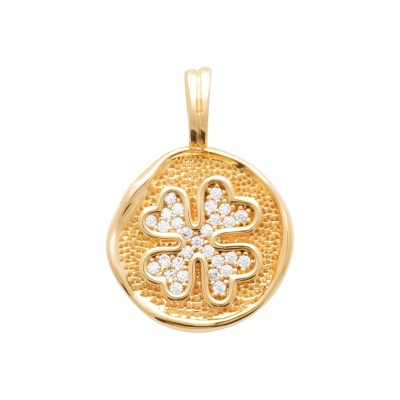 Pendente redondo dourado com trévo e pedras brancas