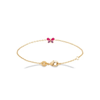 Pulseira fina dourada com borboleta rosa e roxa