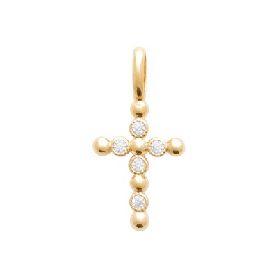 Pendente dourado em forma de cruz com pedras transparentes