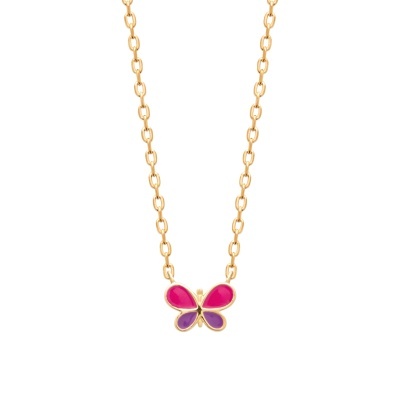 Colar dourado com pendente de borboleta rosa e roxo