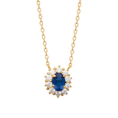 Colar dourado com pendente oval azul e pedras brancas