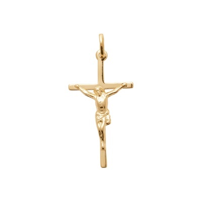 Pendente crucifixo dourado com figura de Jesus Cristo na cruz