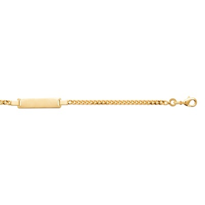 Pulseira dourada com placa retangular e corrente fina em fundo branco
