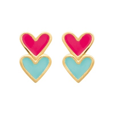 Brincos com dois corações esmaltados em vermelho e azul claro