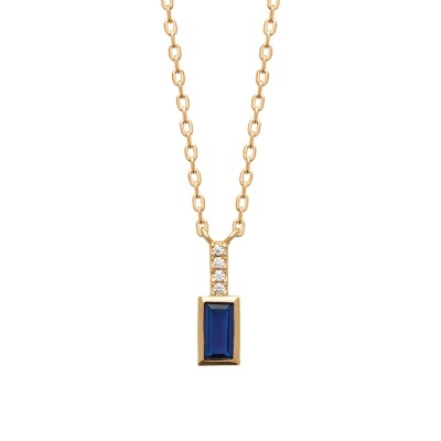 Colar dourado com pendente azul e pedras brancas
