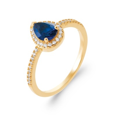 Anel dourado com pedra azul e diamantes