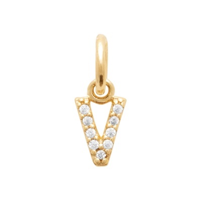 Pendente dourado em forma de letra V com pedras brancas