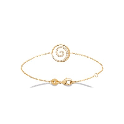 Pulseira dourada com pendente em espiral adornado com pedras