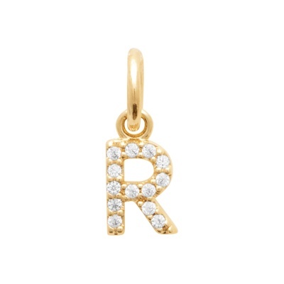 Pingente dourado letra R com pedras brilhantes