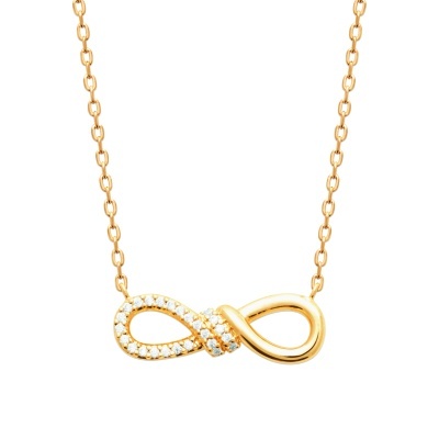 Colar dourado com pendente em forma de laço com pedras brilhantes brancas