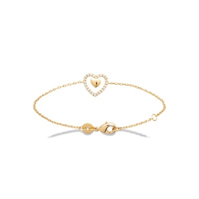 Pulseira fina dourada com pendente de coração e cristais