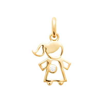 Pendente dourado em forma de menina com detalhe transparente no vestido