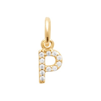 Pendente dourado com letra P e pedras brilhantes