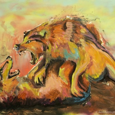 Pintura a óleo de duas hienas em tons de amarelo e castanho