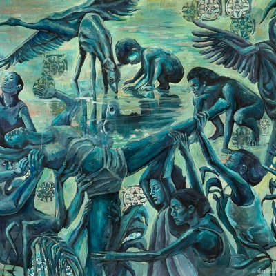 Pintura com figuras humanas estilizadas em tons de azul e verde, interagindo e com elementos abstratos.