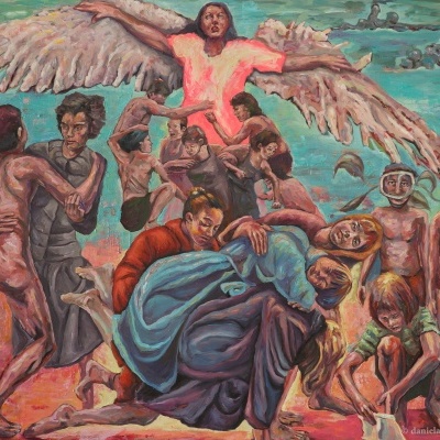 Pintura colorida de várias figuras humanas com uma destacada figura alada ao centro