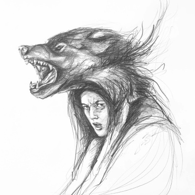 Desenho a lápis a preto e branco de uma mulher com cabeça de lobo feroz sopra-cabeça.
