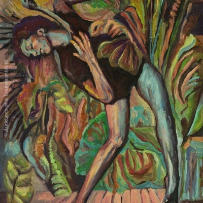 Pintura a óleo de figura humana estilizada em pose dinâmica com folhagens coloridas ao fundo