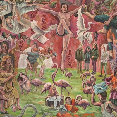Pintura colorida com figuras humanas, pássaros e flamingos