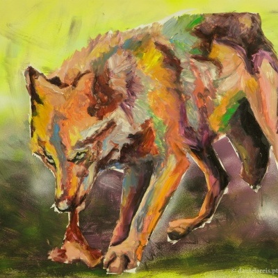 Pintura colorida de um lobo com fundo amarelo e verde