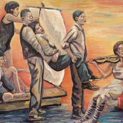 Pintura a óleo com cinco figuras humanas, uma tocando violino, em tons quentes de laranja e amarelo.
