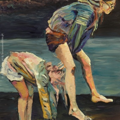 Pintura a óleo de duas pessoas em movimento com roupas casuais em fundo azul escuro