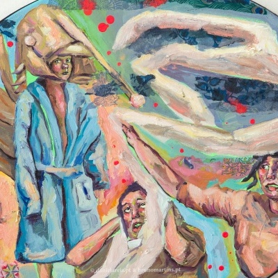 Pintura oval com várias figuras humanas em cores pastel e detalhes florais.