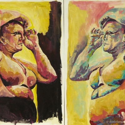 Duas pinturas expressionistas de mulheres nuas com os braços levantados e mãos junto ao rosto em cores vivas.