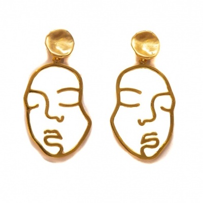 Brincos dourados com design de rosto em linha contínua