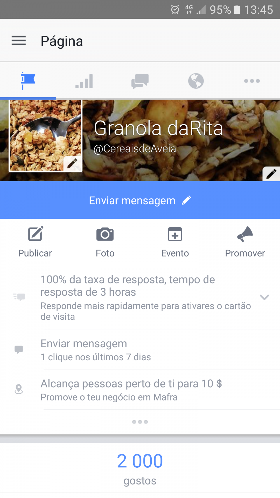Perfil de Facebook Granola daRita com foto de granola e botão de enviar mensagem