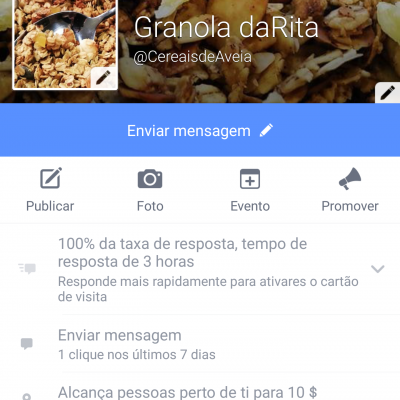 Perfil de Facebook Granola daRita com foto de granola e botão de enviar mensagem
