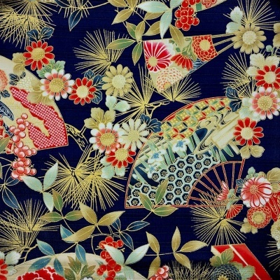 Leques e Flores - Metalizado | Azul | Quilt Gate