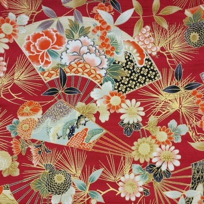 Leques e Flores - Metalizado | Vermelho | Quilt Gate