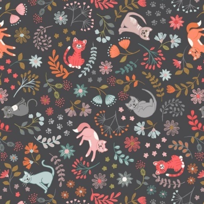 Purrfect Petals | Floral Cats - Charcoal | Lewis And Irene
