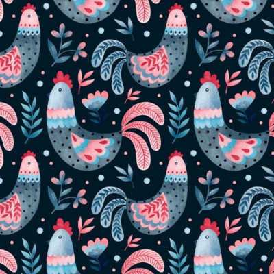 Galinhas Folk - Fundo Azul Marinho | Fabricart