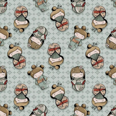 Kokeshi - Fundo Verde | Fuxicos e Fricotes