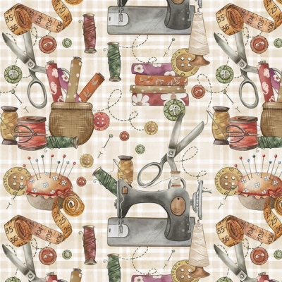 Costurando - Fundo Bege | Fuxicos e Fricotes