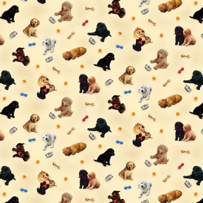 Tossed Allover Puppies | Cream :: Pups in the Garden | Henry Glass