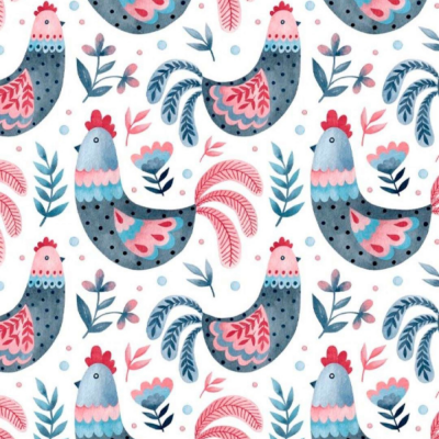 Galinhas Folk - Fundo Branco | Fabricart