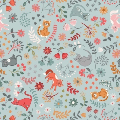 FLORAL CATS | LIGHT BLUE :: PURRFECT PETALS | LEWIS and IRENE
