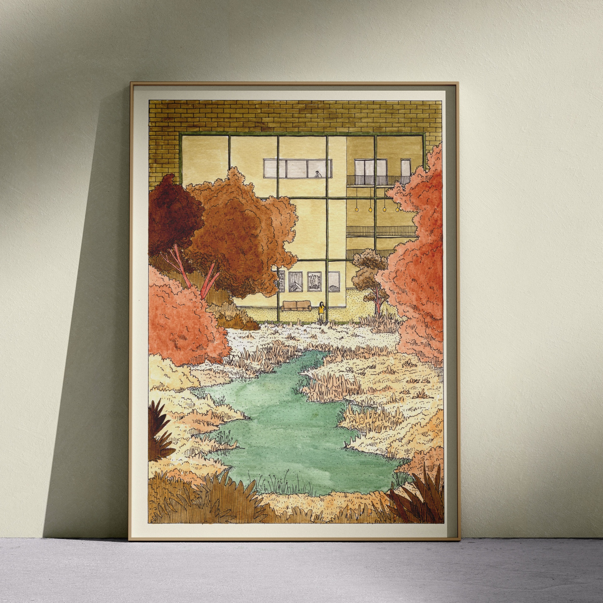 Quadro decorativo com ilustração de rio e árvores em cores outonais junto a edifício amarelo