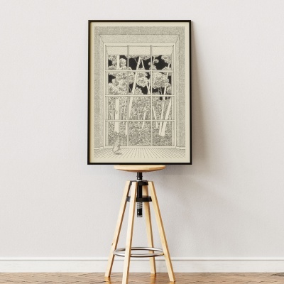 Quadro com ilustração de janela e flores em moldura preta sobre banco de madeira