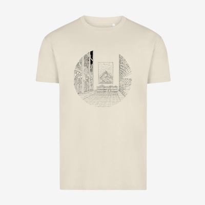 Camiseta bege clara com estampa arquitectónica circular em preto e cinza