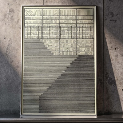 Quadro decorativo com ilustração de estantes e escada em moldura metálica prateada