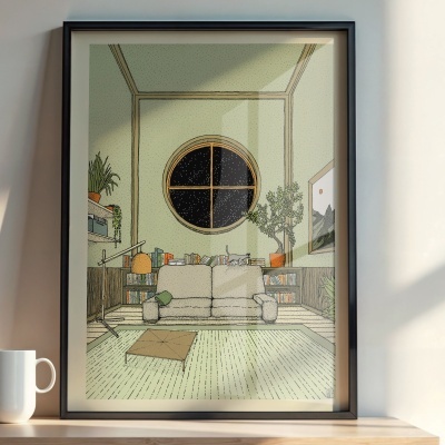 Ilustração de sala de estar em quadro com moldura preta numa prateleira de madeira