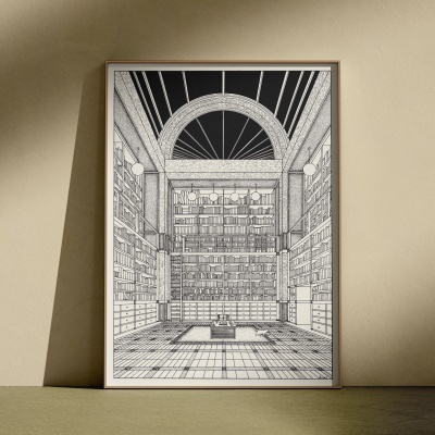 Pôster preto e branco de uma biblioteca com estantes e arco interior