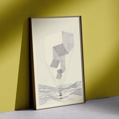 Quadro decorativo com balão de ar quente pontilhista em moldura castanho escuro